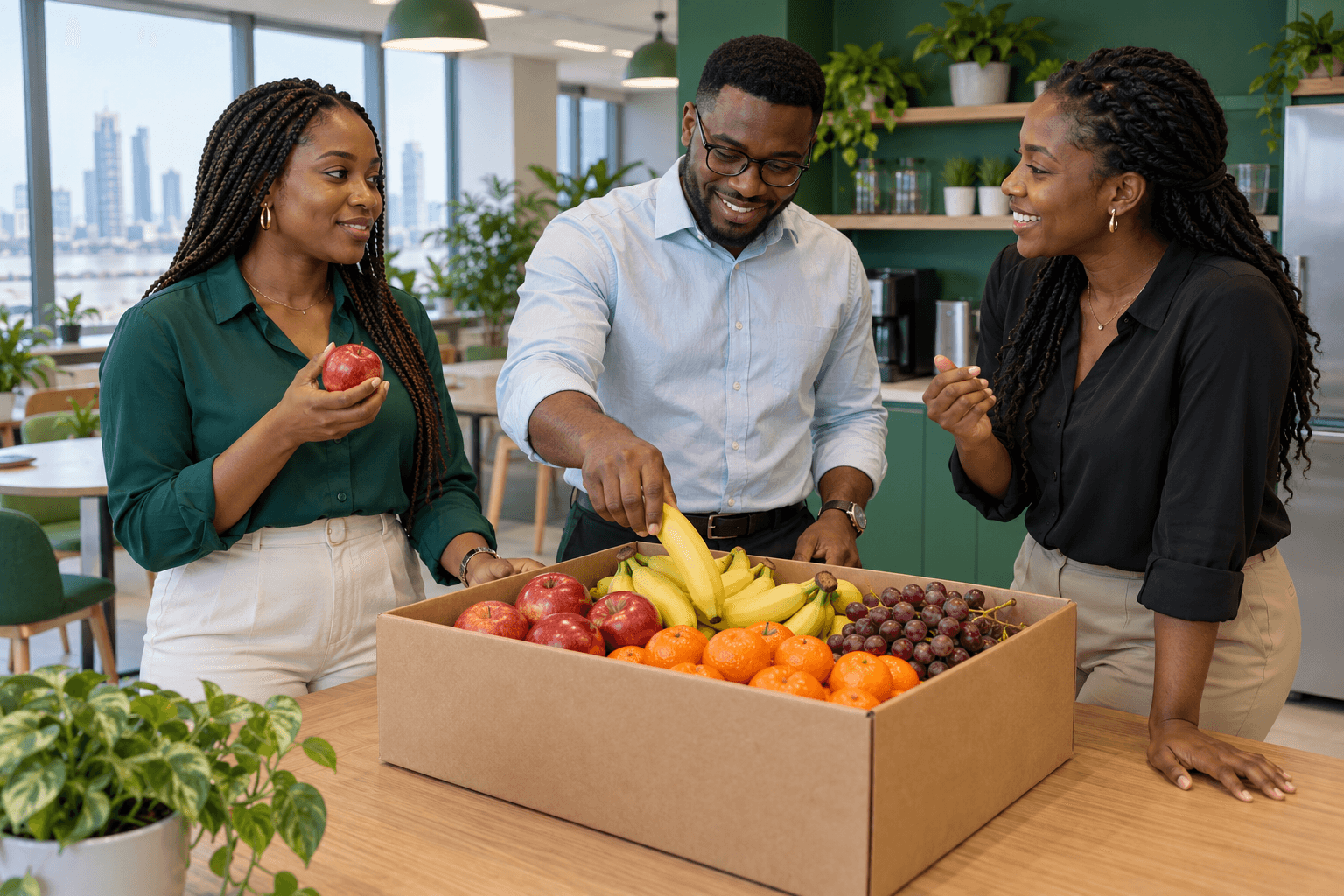 Illustrative scene of colleagues sharing fruit in an office