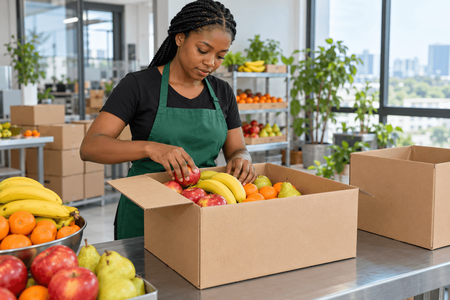 Illustration of fruit being carefully packed into a carton for delivery